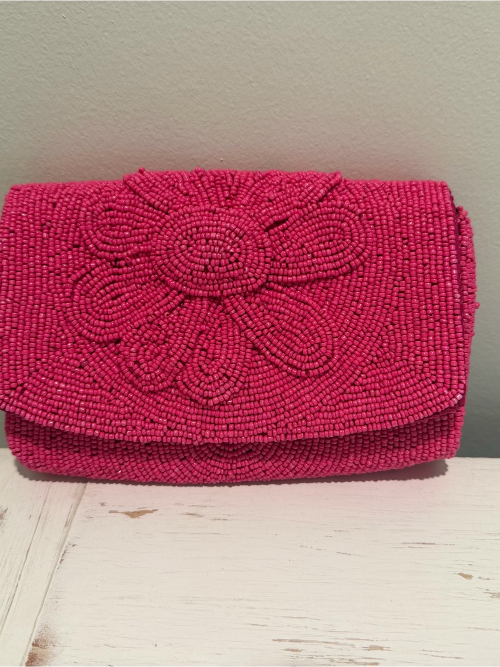 Anthropologie Hot Pink Beaded Floral Clutch